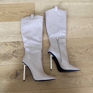 Pretty Little Thing Faux Leather Metal Heeled Boots in Cream